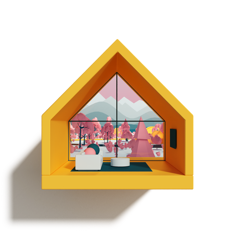 A warm illustrated home looking out onto a blossom forest